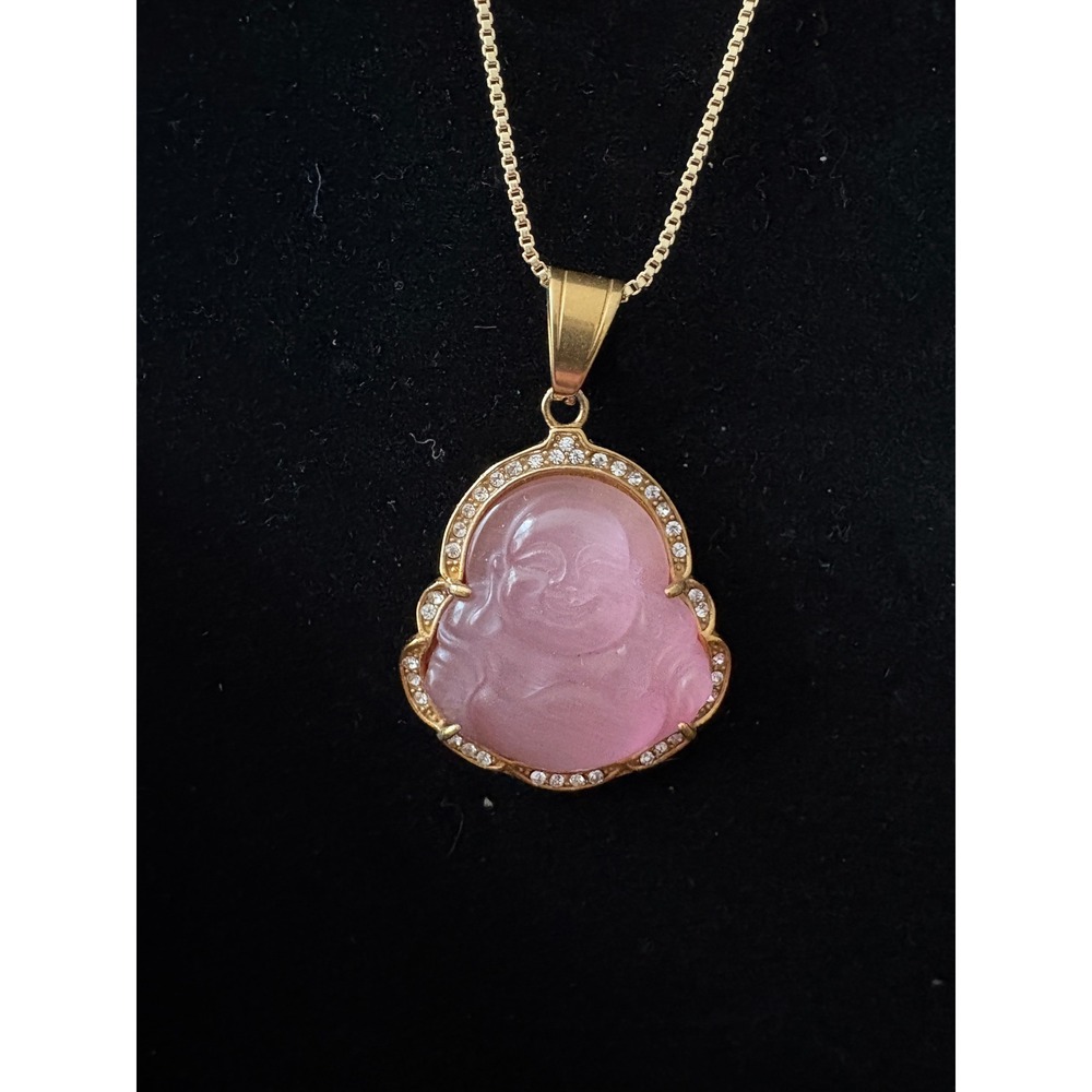 Pink‎ Buddha Pendant Necklace Gold Tone Rhinestone Box Chain